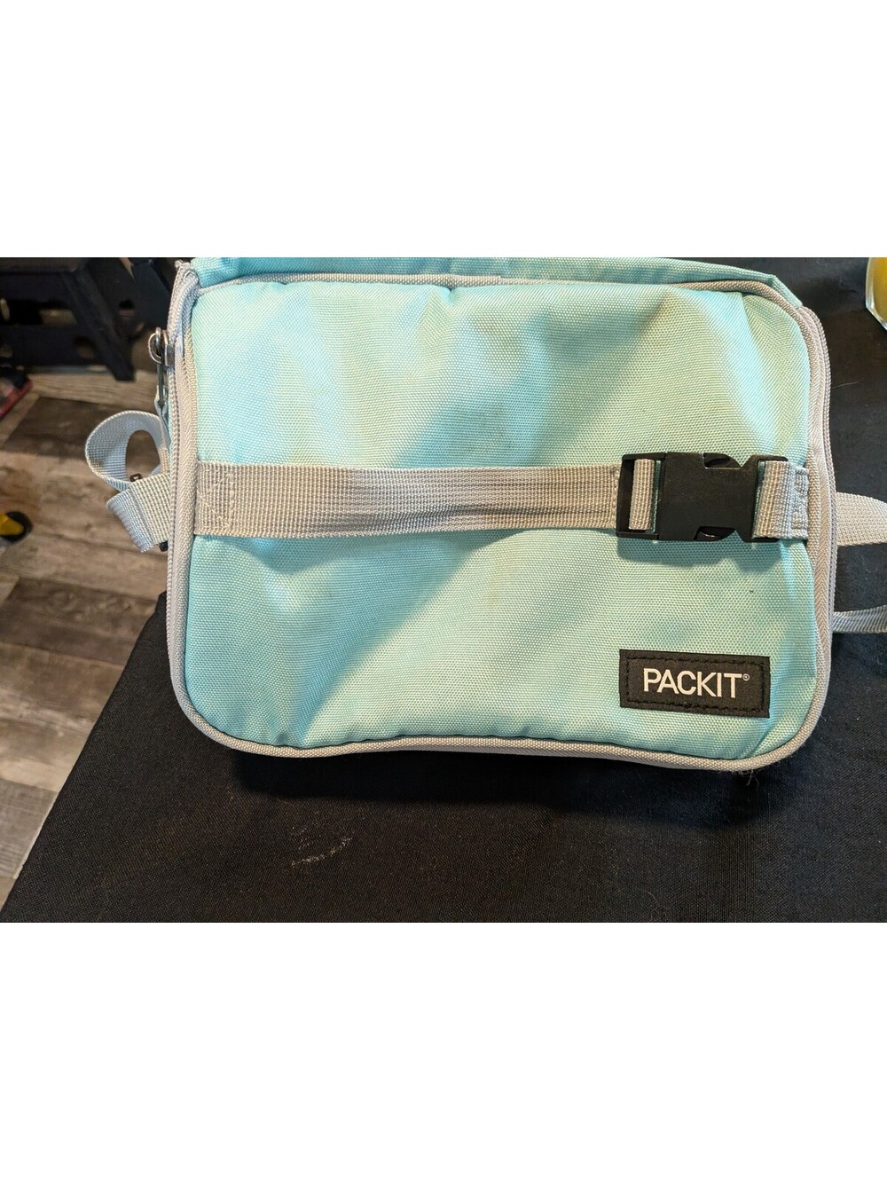 PackIt Freezable Insulated Lunch Bag Aqua Blue Gray Buckle Strap